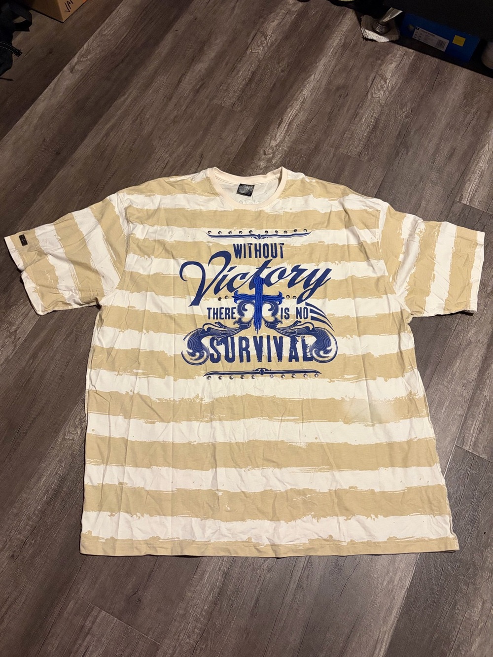 Blac Label Tan/Cream Striped Embroidered Studded Tee (TAGGED 6XL)
